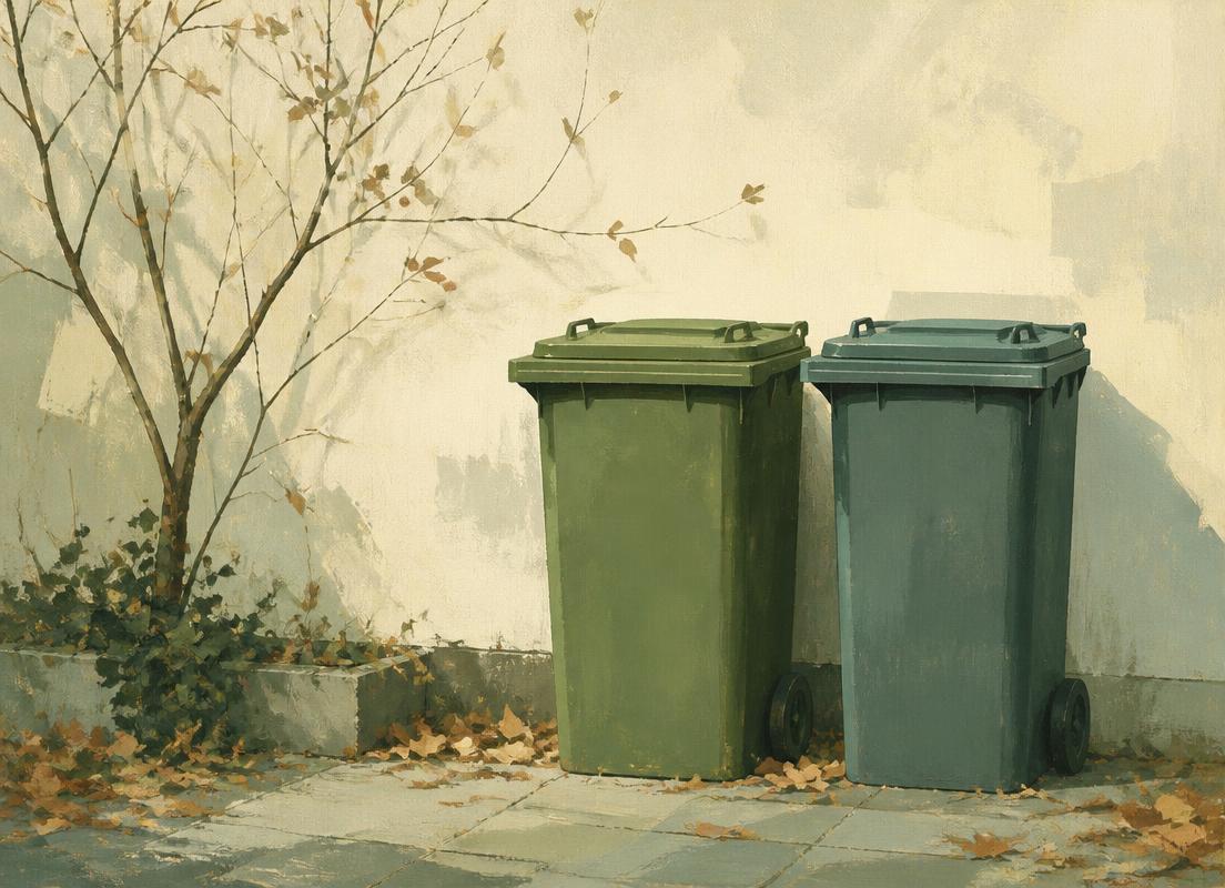 Een groene en een grijsgroene afvalcontainer tegen een crèmekleurige muur