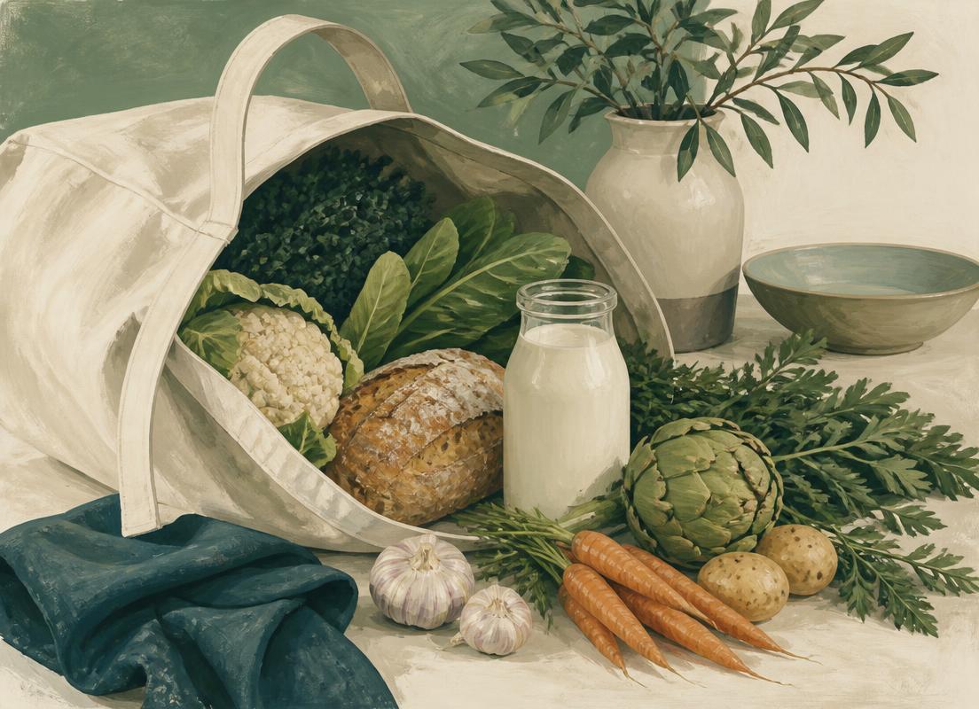 Linnen boodschappentas met verse groenten, brood en een fles melk