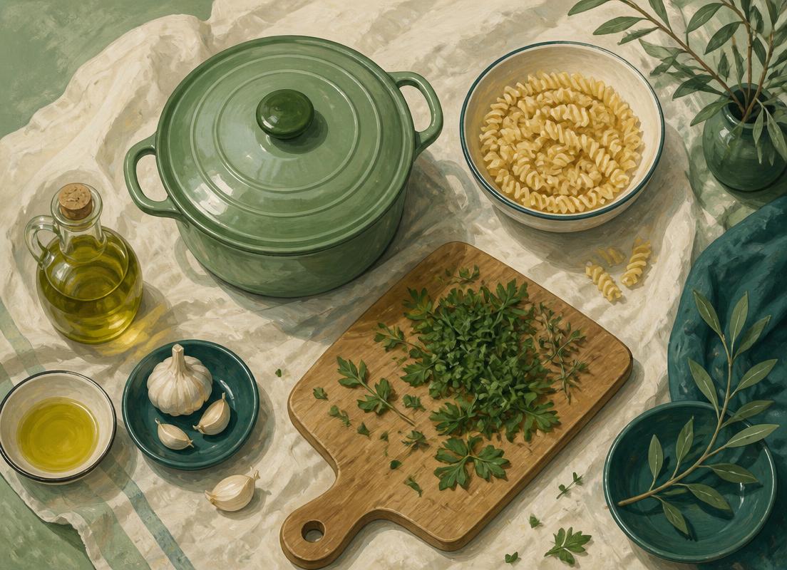 Groene pan, gehakte kruiden op een houten plank en een schaal pasta